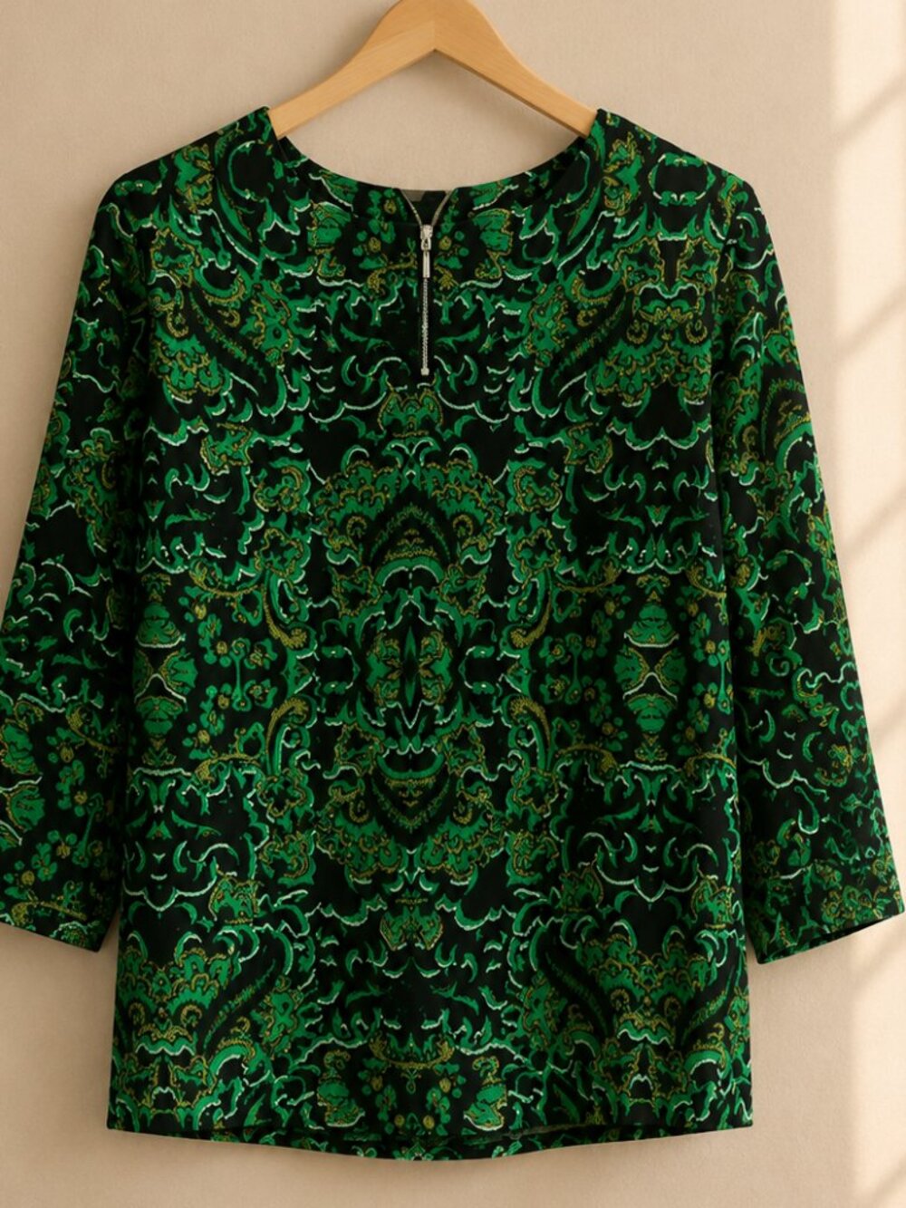 H&M Emerald Green Paisley Print 3/4 Sleeve Blouse Size8 Boat Neck